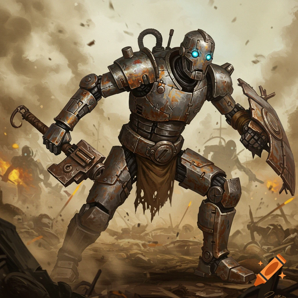 A rusty scrap warforged robot stands ready for battle, holding a large hammer and shield in a smoky, war-torn landscape.