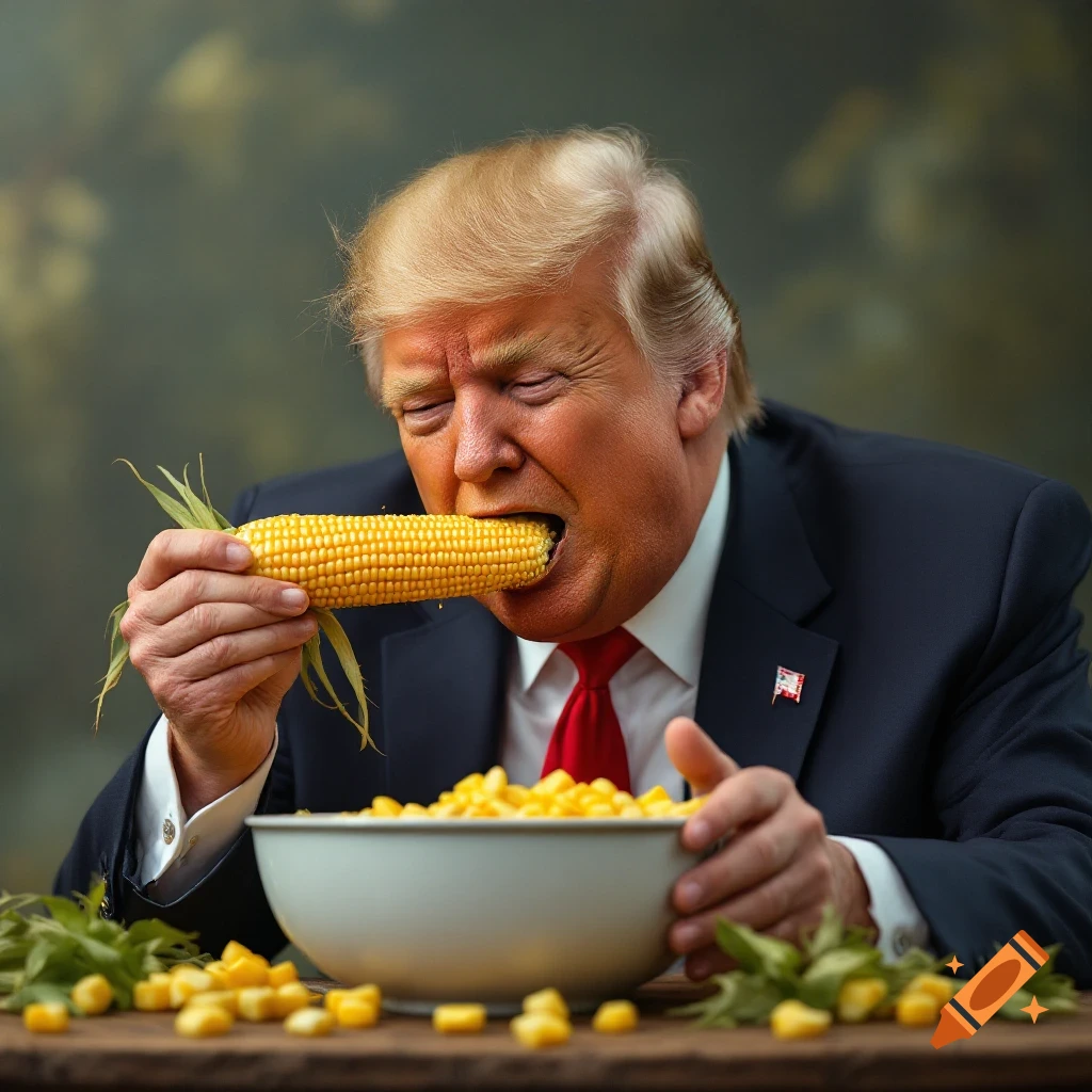 Realistic photo of Donald Trump eating corn on the cob at a table with a bowl of corn.