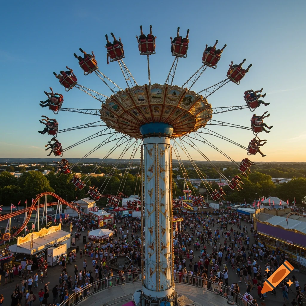 An aerial view of a swing ride packed with people at a busy amusement park during sunset.
