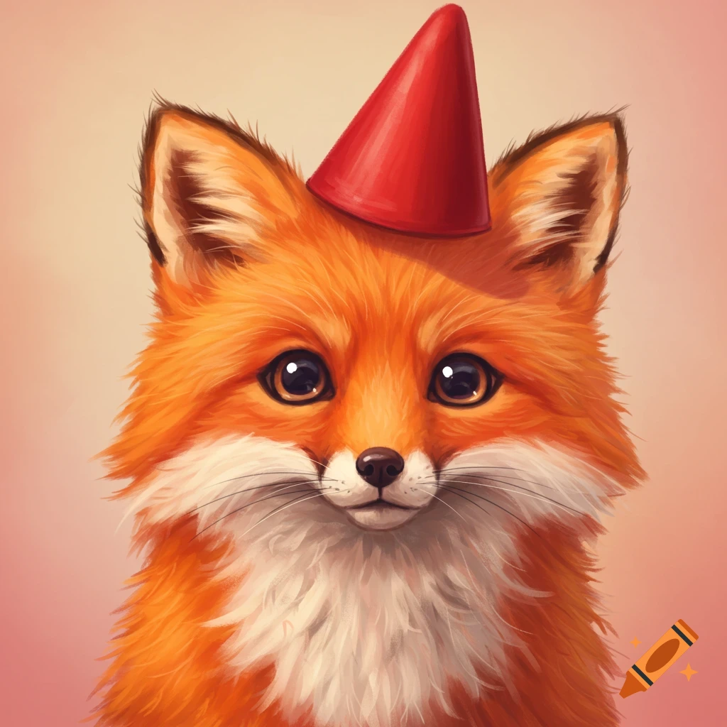 A cute fox wearing a red party hat.