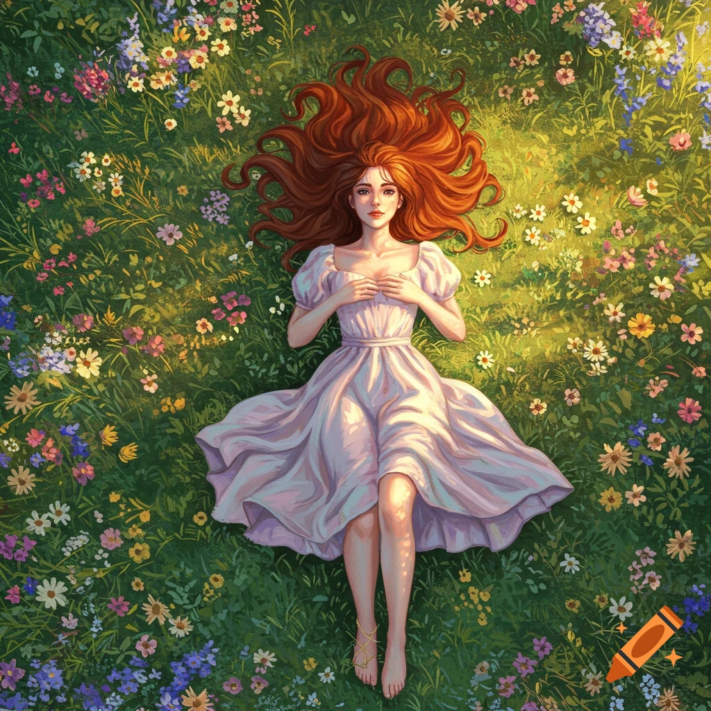 Woman with red hair lying in a field of flowers, view from above