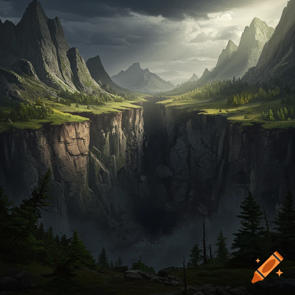 Dramatic landscape of a deep canyon winding through mountains and forests under stormy skies with sunlight.