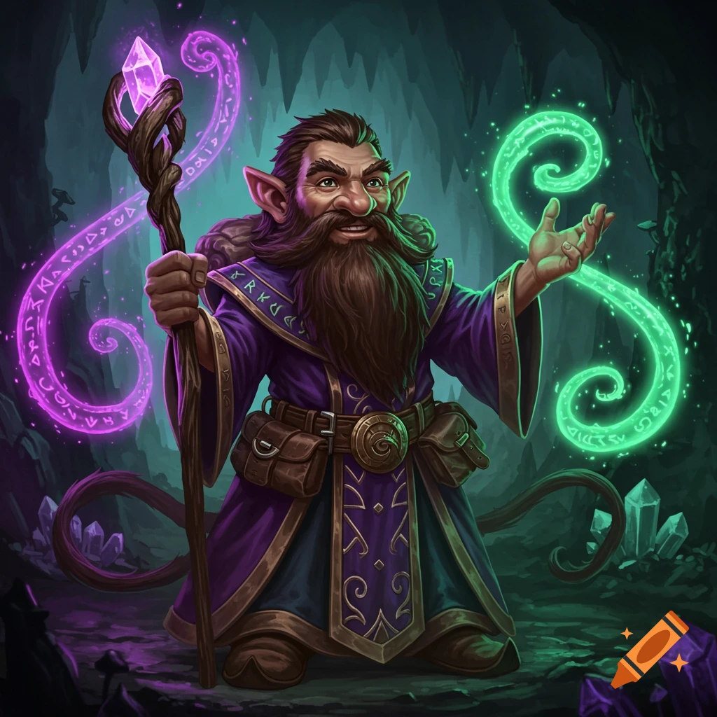 A fantasy illustration of a deep gnome wizard casting magic in a cave.