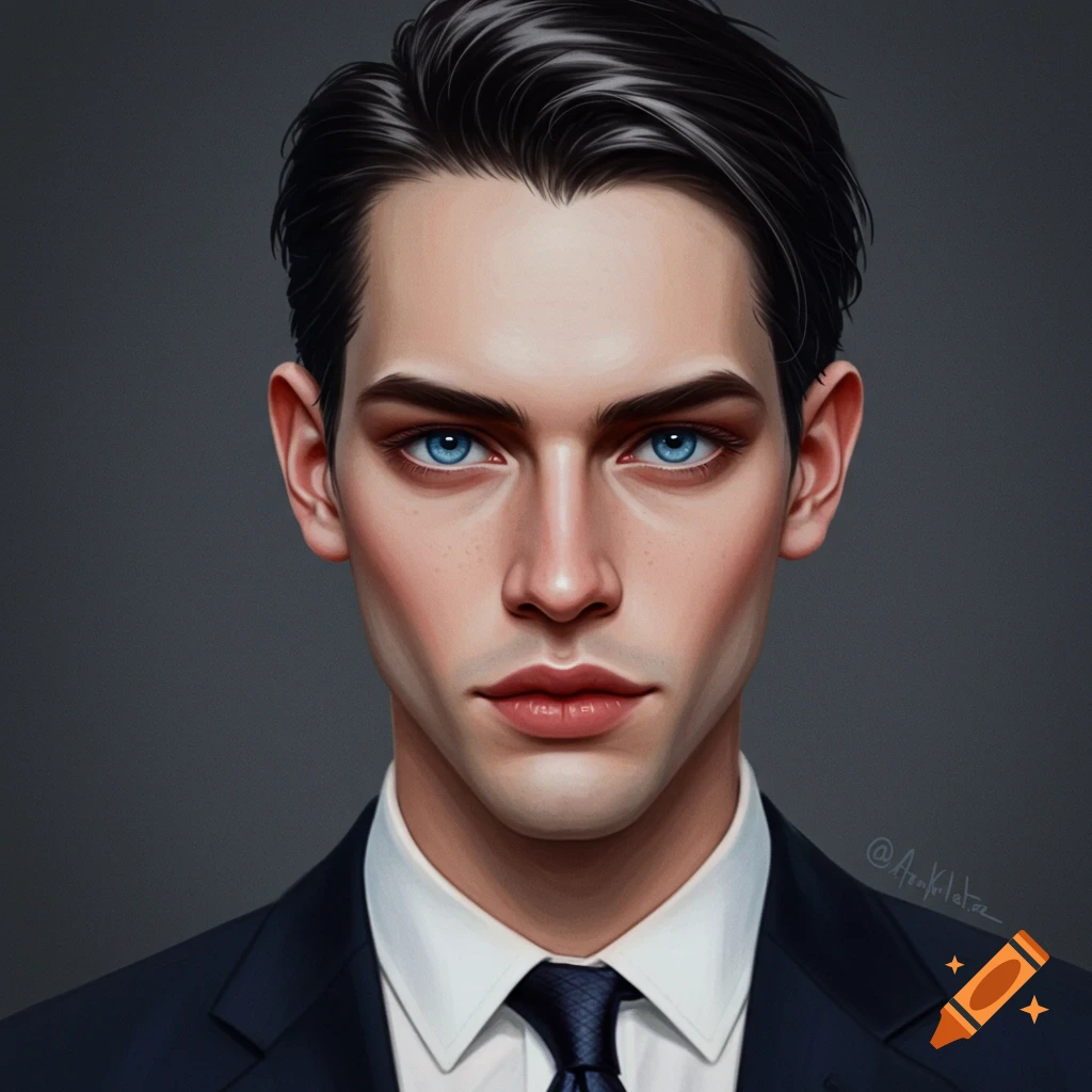 Stylized digital art portrait of a young man in a suit with blue eyes.