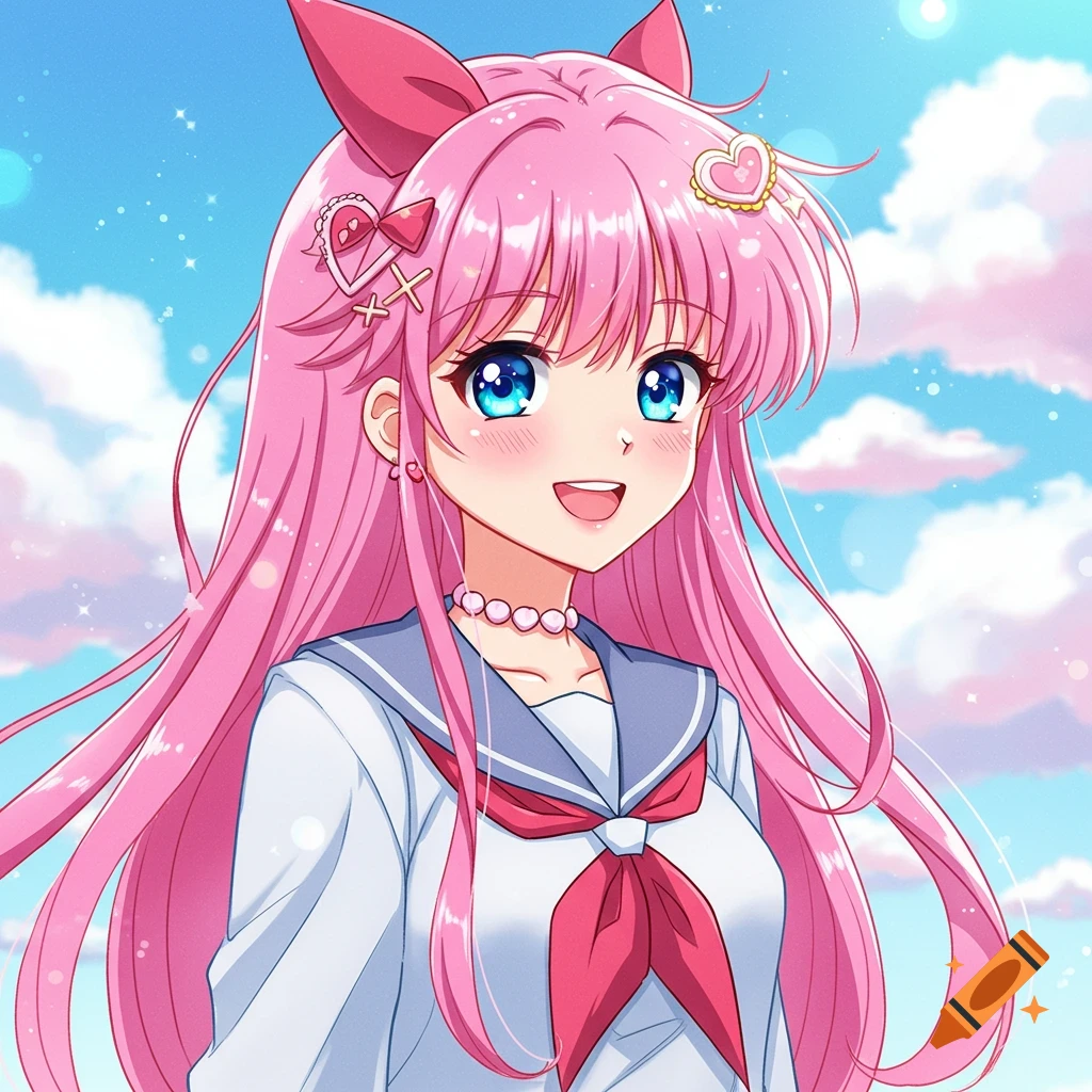 Anime portrait of a pink-haired girl in a sailor uniform smiling against a cloudy blue sky.