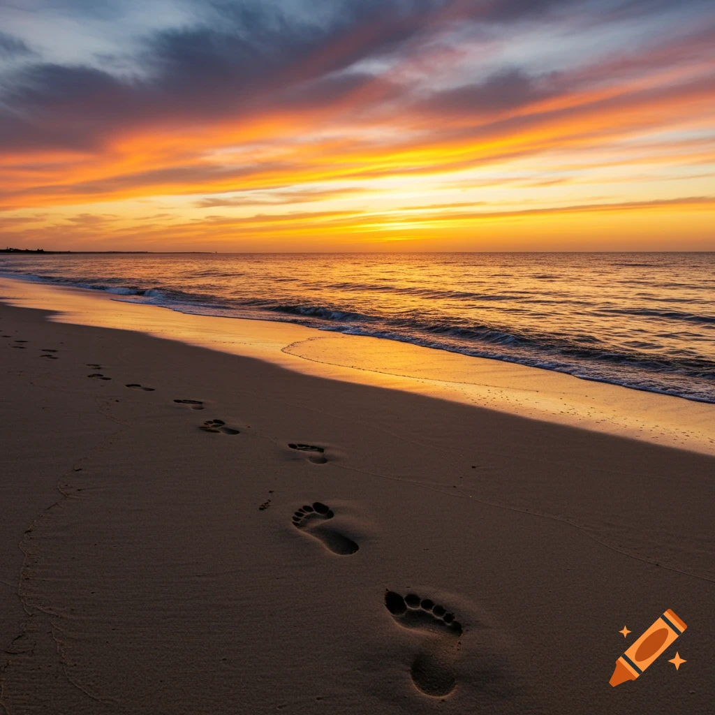 Footprints in the sand on a beach at sunset.
