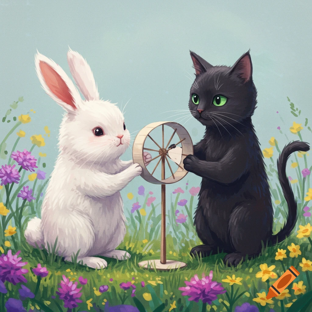 A white rabbit and a black cat hold a wooden wheel in a field of colorful flowers. Illustration.