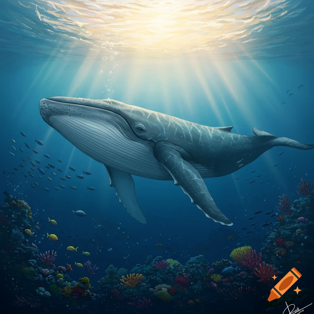 A blue whale swims underwater with sunlight filtering through the surface, schools of fish, and colorful coral reefs below.