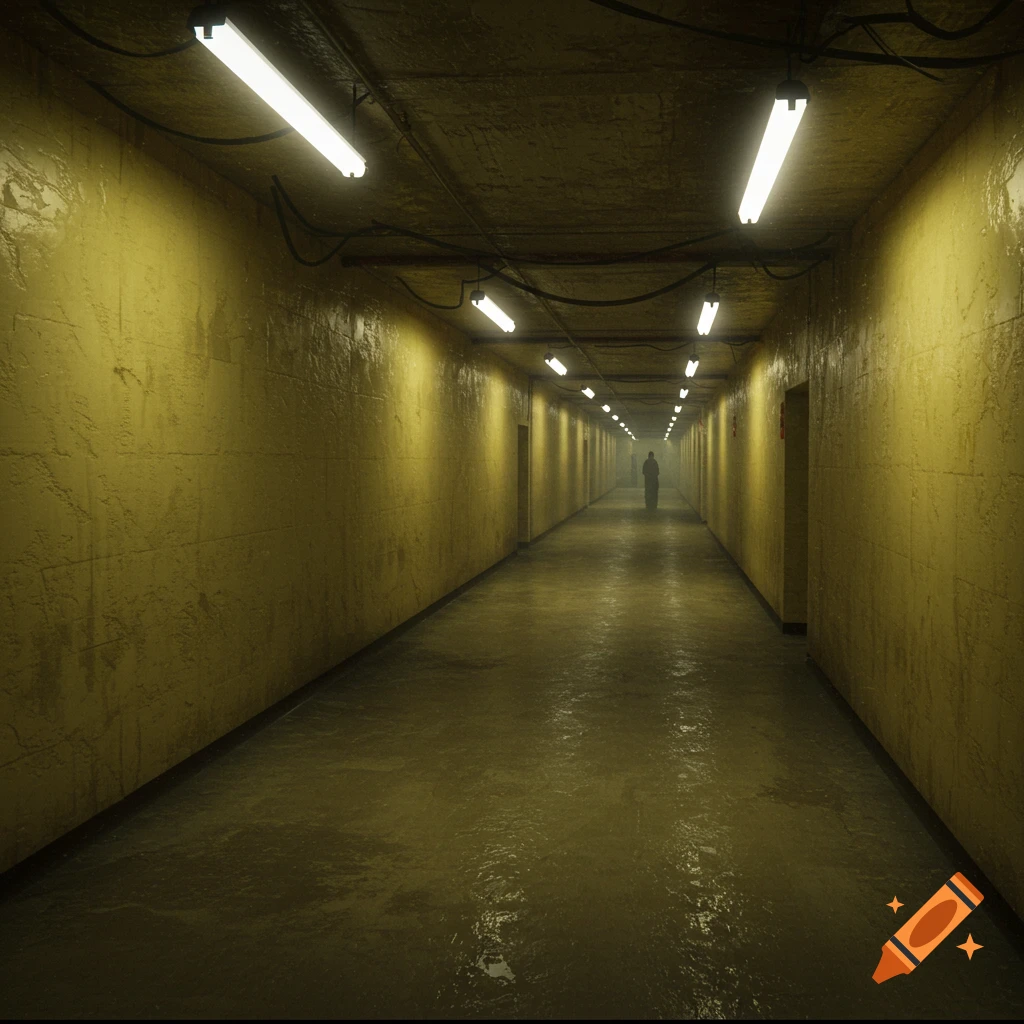 A long, eerie yellow hallway with wet floors and fluorescent lights, a distant figure standing at the end.
