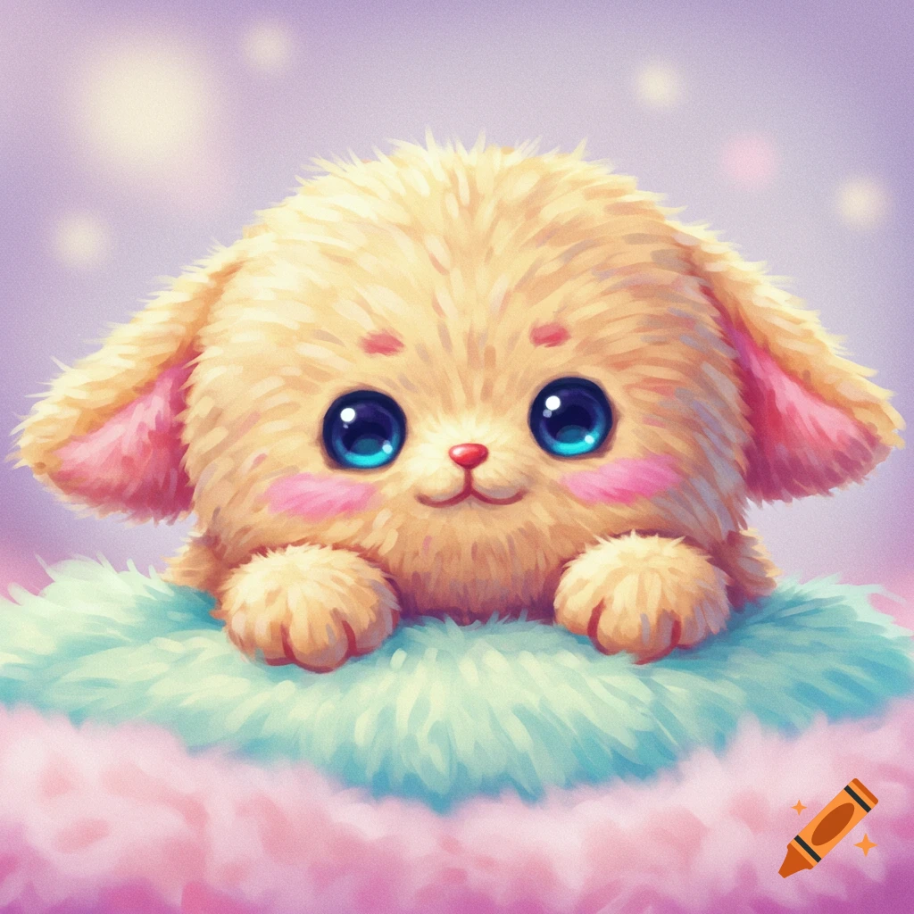 Cute fluffy animal with big blue eyes sits on a pastel cushion, digital illustration