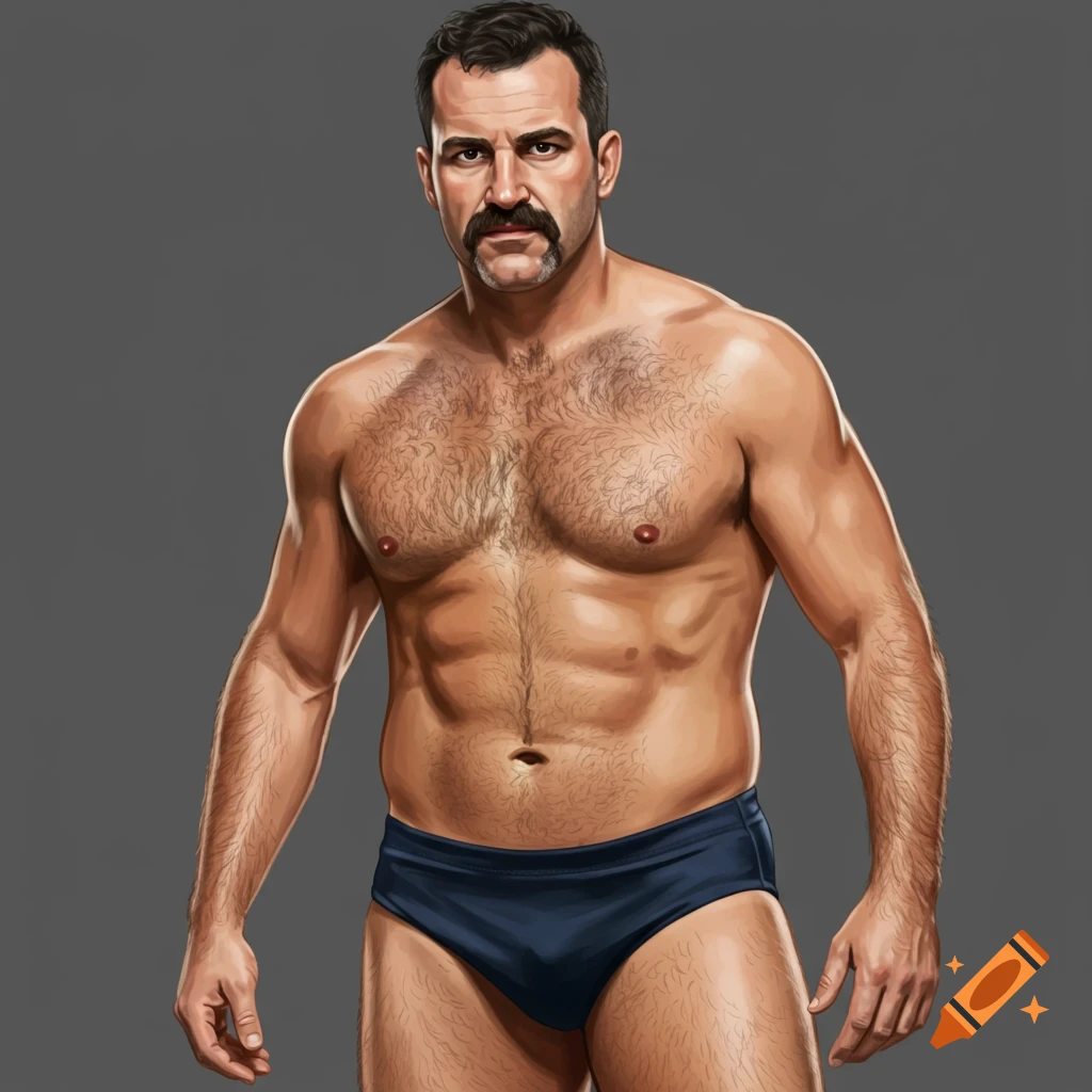 A muscular man with a mustache and chest hair wears dark blue trunks, posing against a gray background.