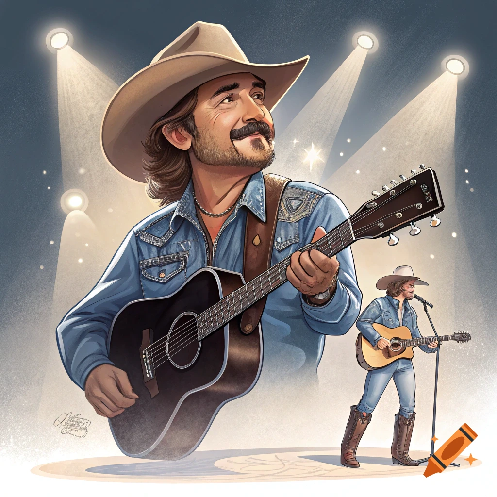 Cartoon illustration of a man in a cowboy hat playing an acoustic guitar on stage under spotlights.
