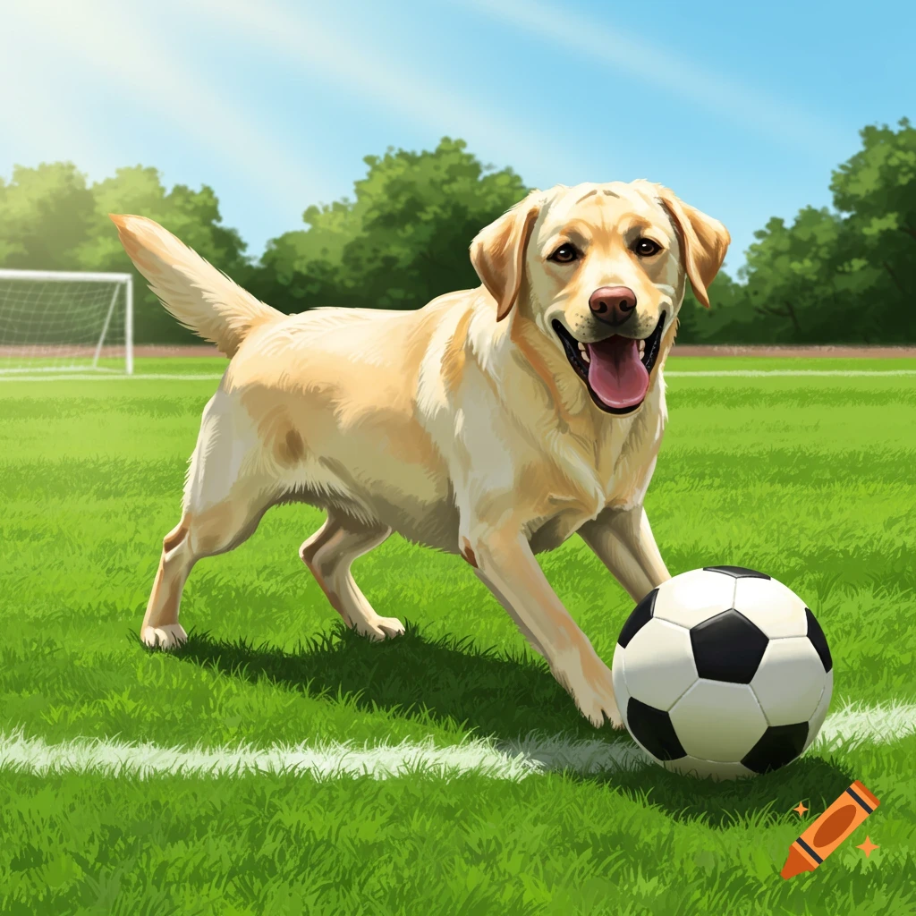 A yellow Labrador dog plays with a soccer ball on a grassy field in a bright illustration.