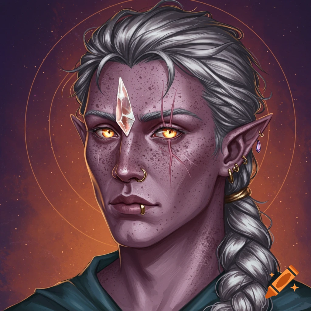 Portrait of a purple-skinned fantasy character with silver hair and gold eyes.