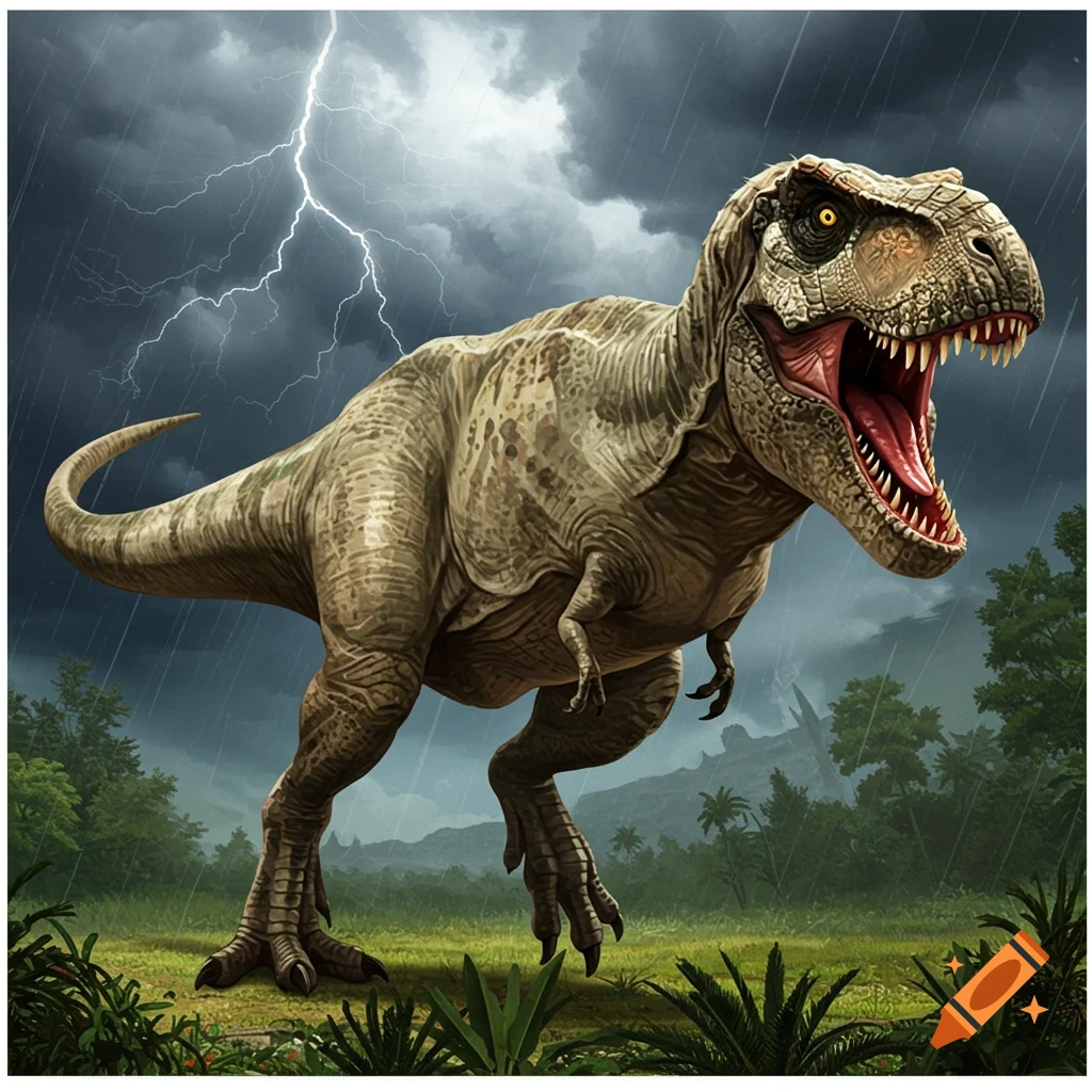 Illustration of a Tyrannosaurus Rex roaring during a stormy prehistoric thunderstorm with lightning.