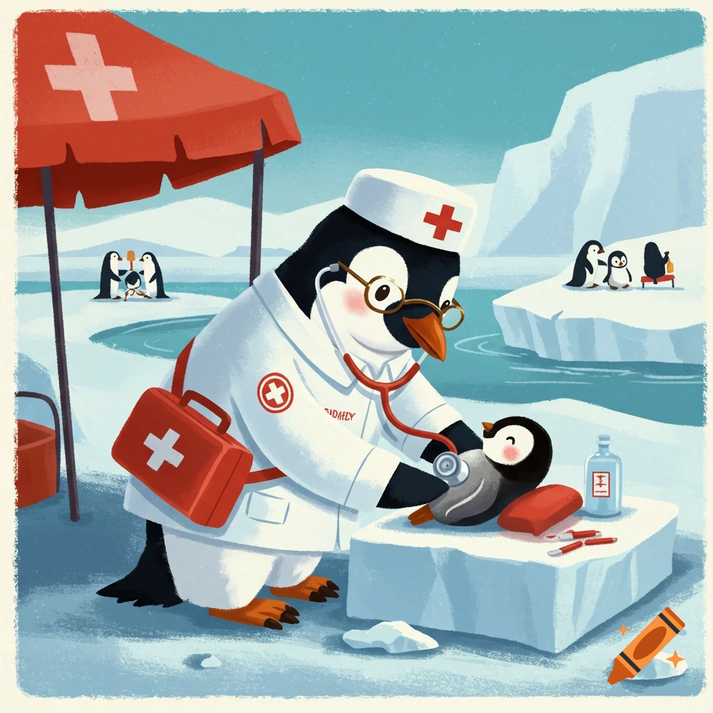 Cartoon illustration of a penguin doctor using a stethoscope on a baby penguin in the arctic.