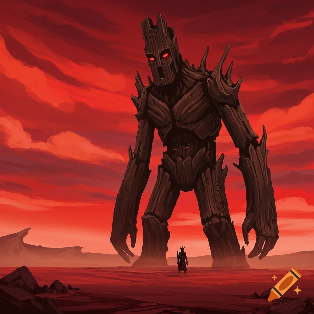 Giant wooden creature looms over a small figure in a red, desolate landscape.