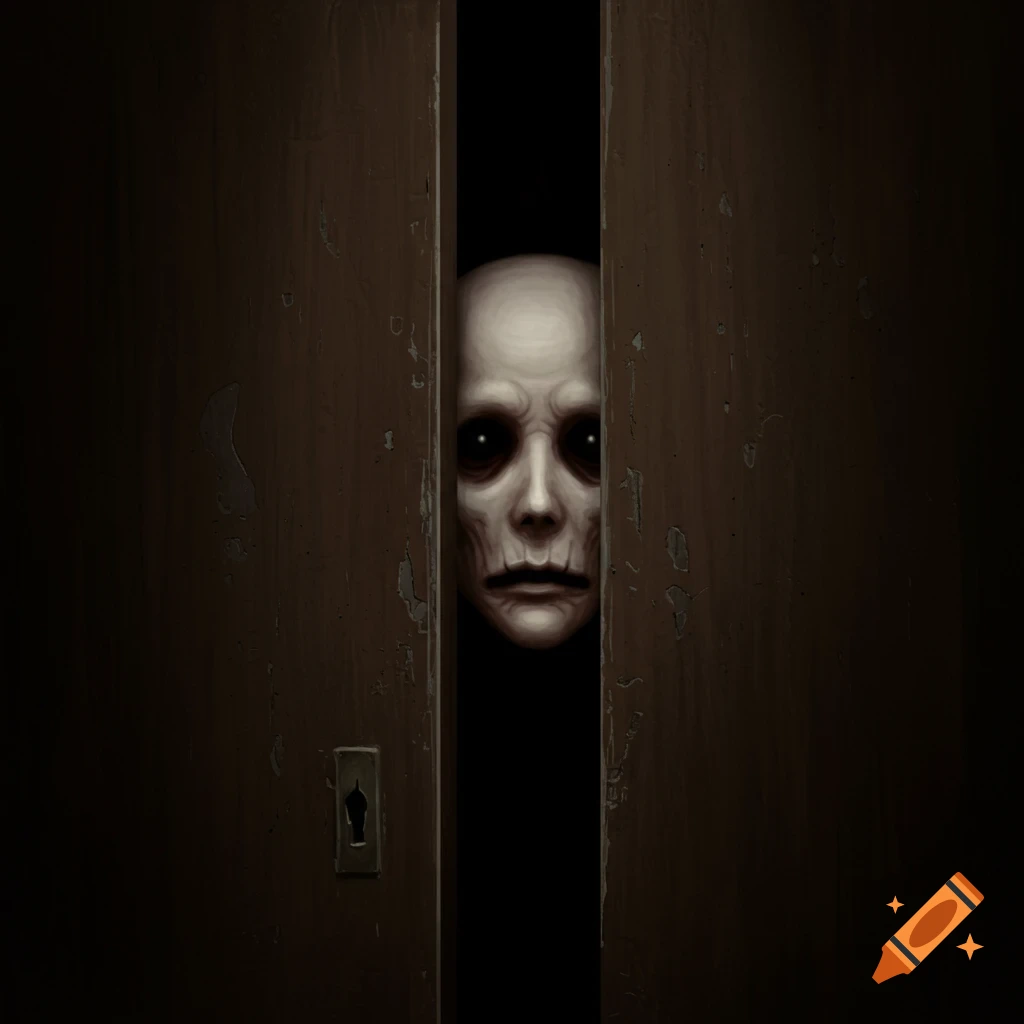 A creepy white face with black eyes peers through a gap in a dark brown door.
