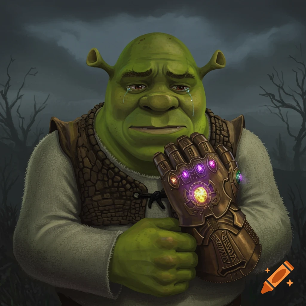 Illustration of a sad, crying Shrek holding the Infinity Gauntlet