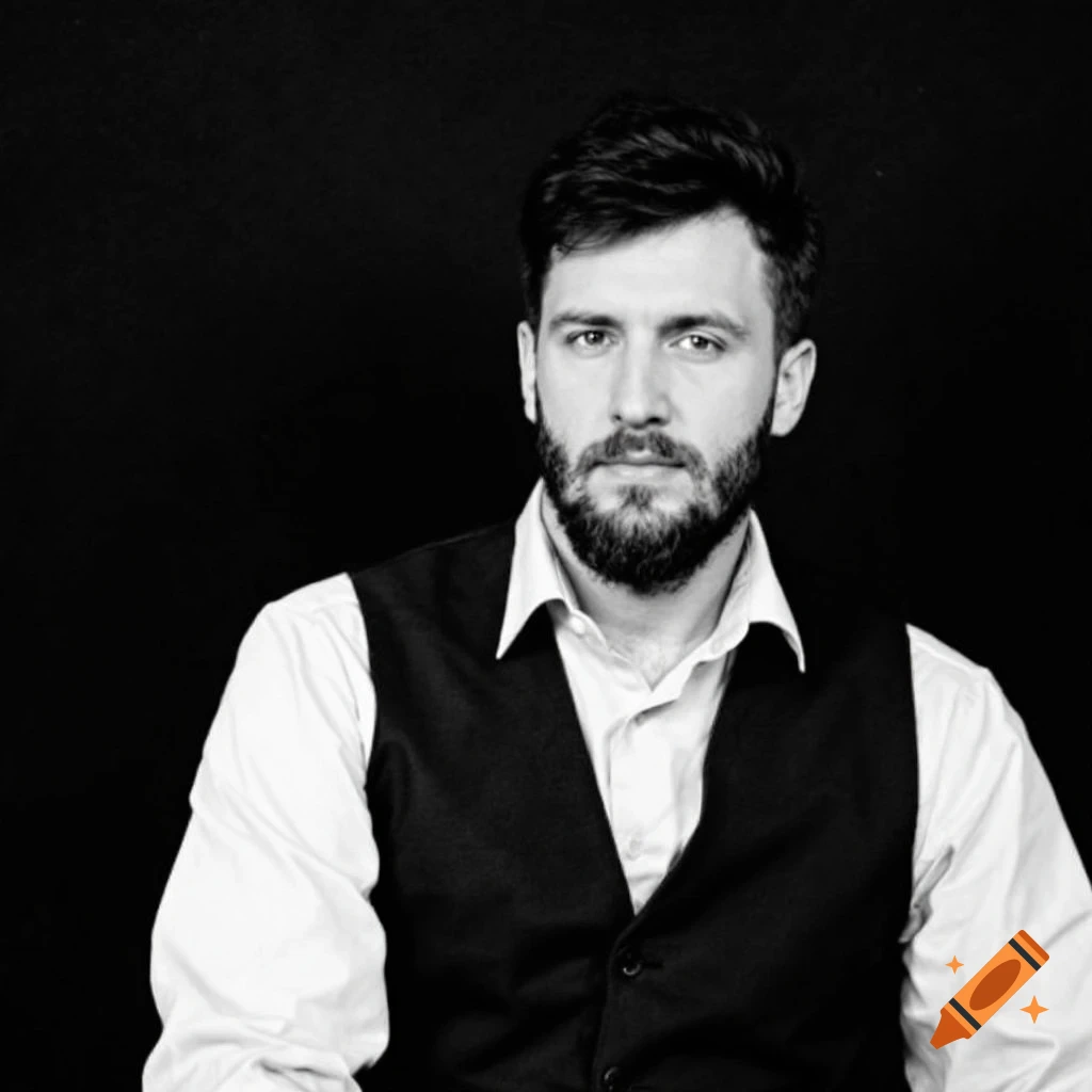 Black and white portrait of a man with a beard wearing a shirt and vest.