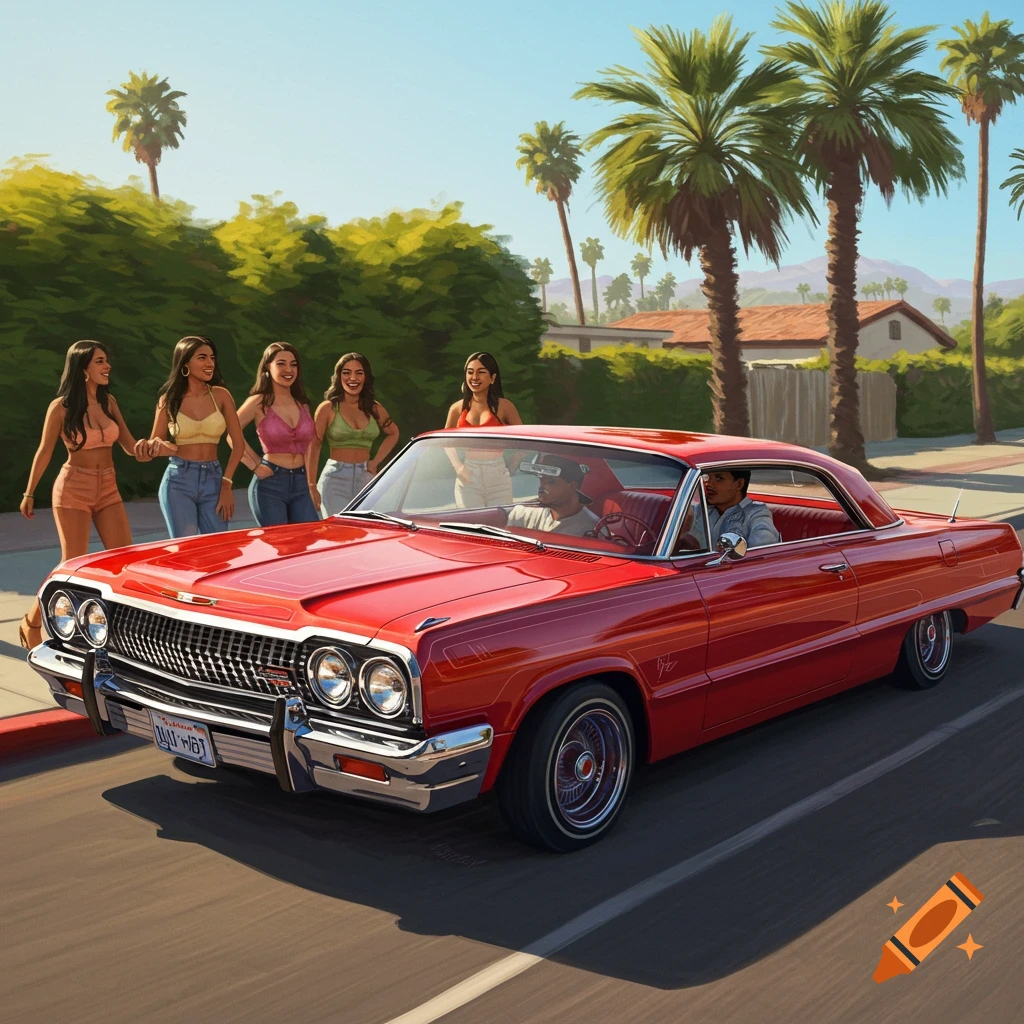A red classic car drives past women walking on a sunny street with palm trees.