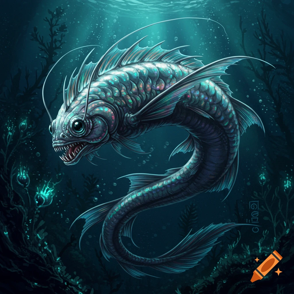 An intricate illustration of an alien-looking fish with glowing scales and spines swimming in the deep dark ocean among glowing plants.