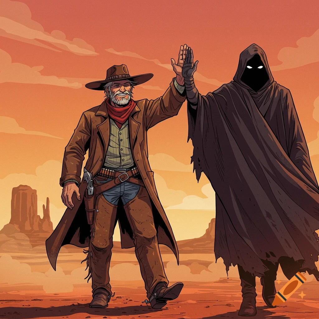 A cowboy high-fives a mysterious hooded figure in a comic art style desert landscape.