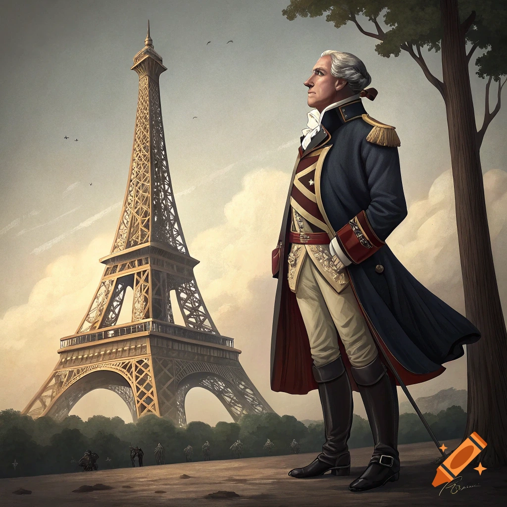 George Washington standing in uniform near the Eiffel Tower in Paris.