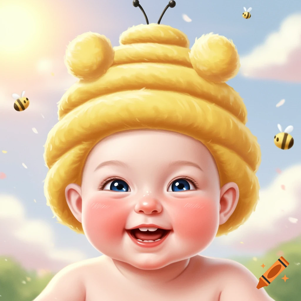 A smiling baby wears a yellow beehive-shaped hat with antennae, with small bees flying around.