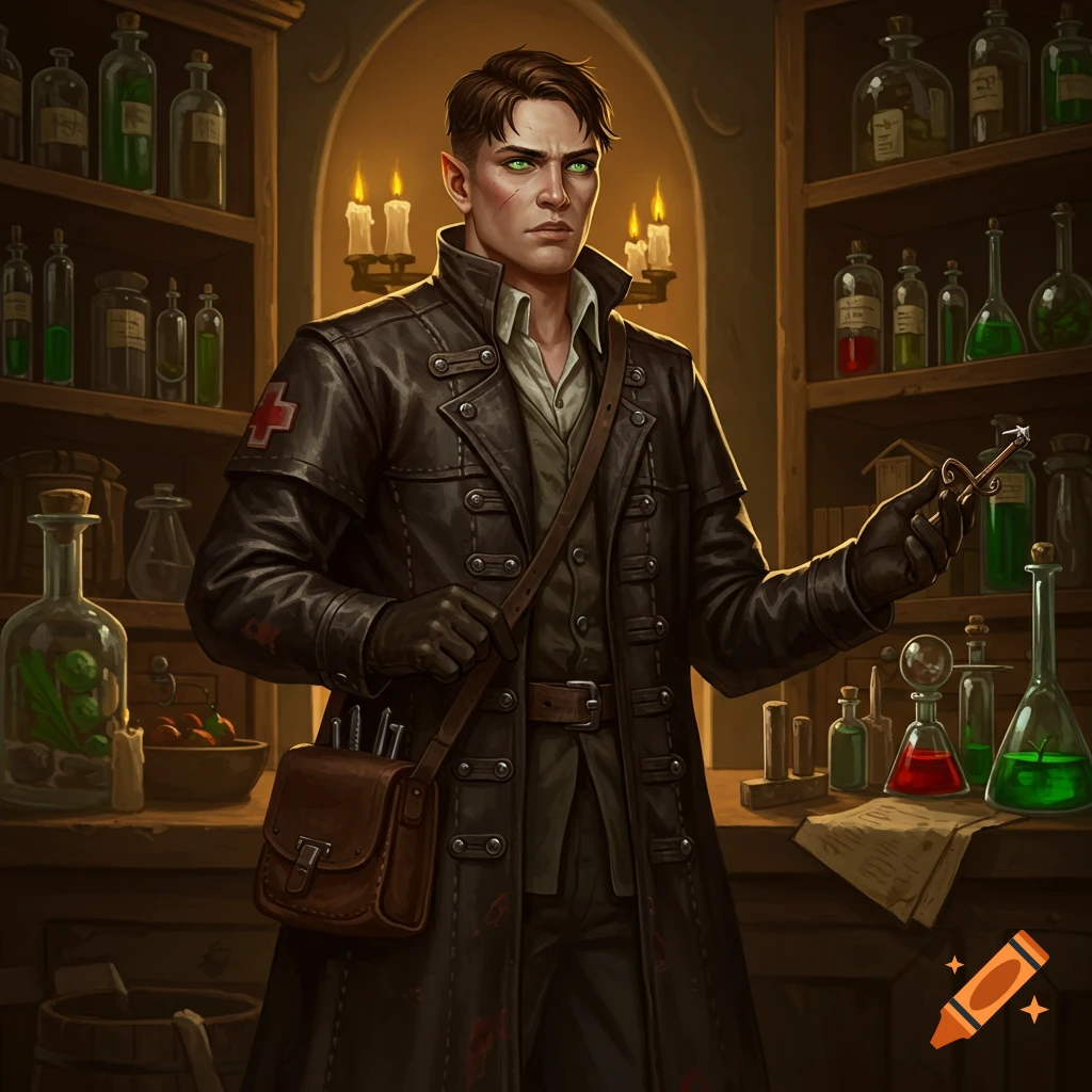 A fantasy physician in a leather coat stands in an alchemist's shop, holding a small tool.