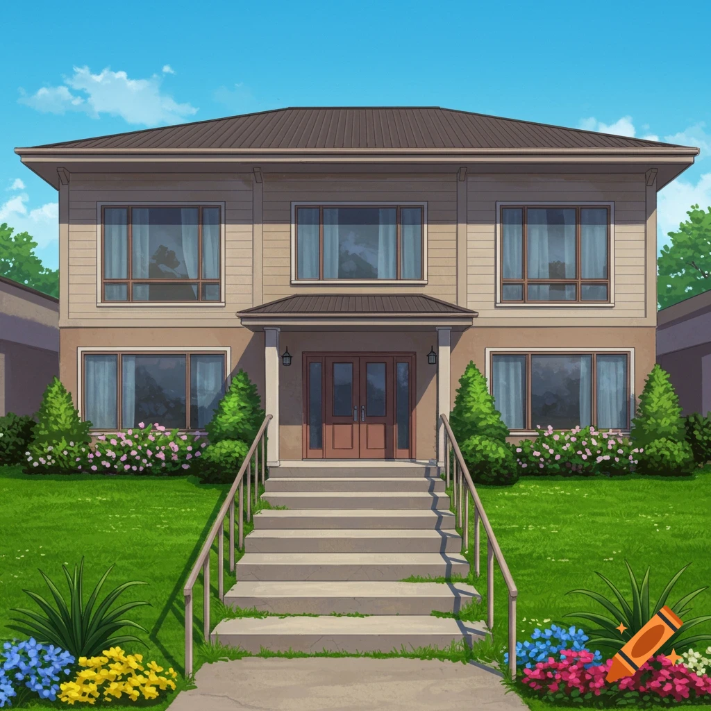An illustration of a two-story house with steps, a green lawn, and landscaping under a blue sky.