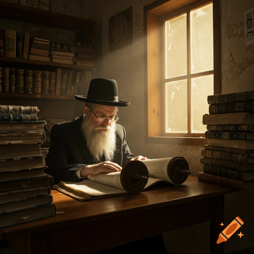 A bearded man with a hat reads a scroll at a desk in a room filled with books, lit by a window.