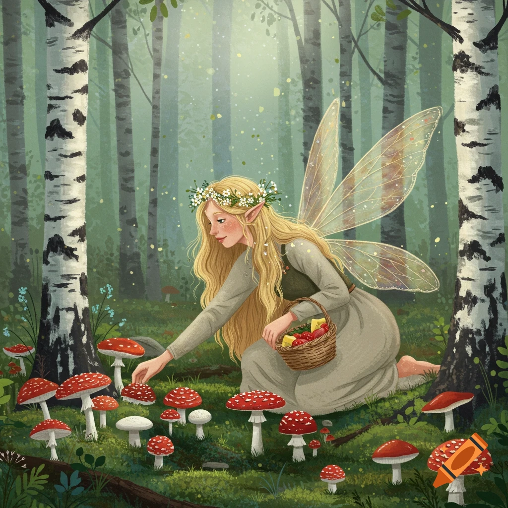 A fairy woman with wings and a flower crown kneels in a forest picking red and white mushrooms.