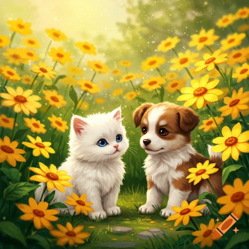 An illustration of a cute baby cat and a baby dog sitting in a garden filled with yellow flowers.