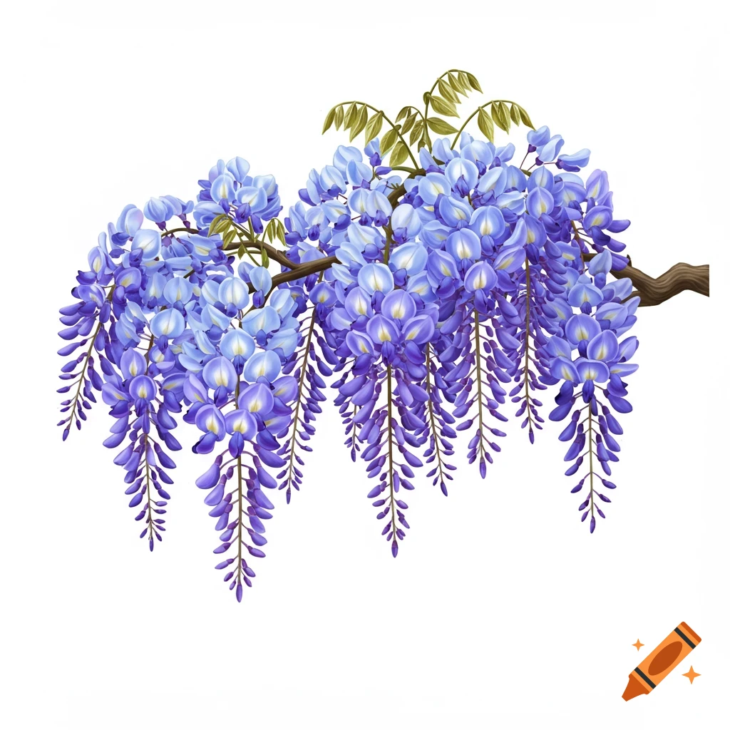 A branch of purple and blue wisteria flowers against a white background.
