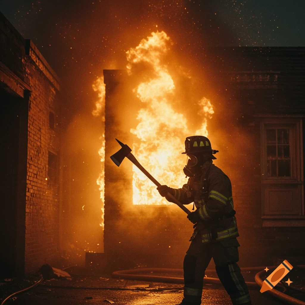 Firefighter with an axe stands before a burning building