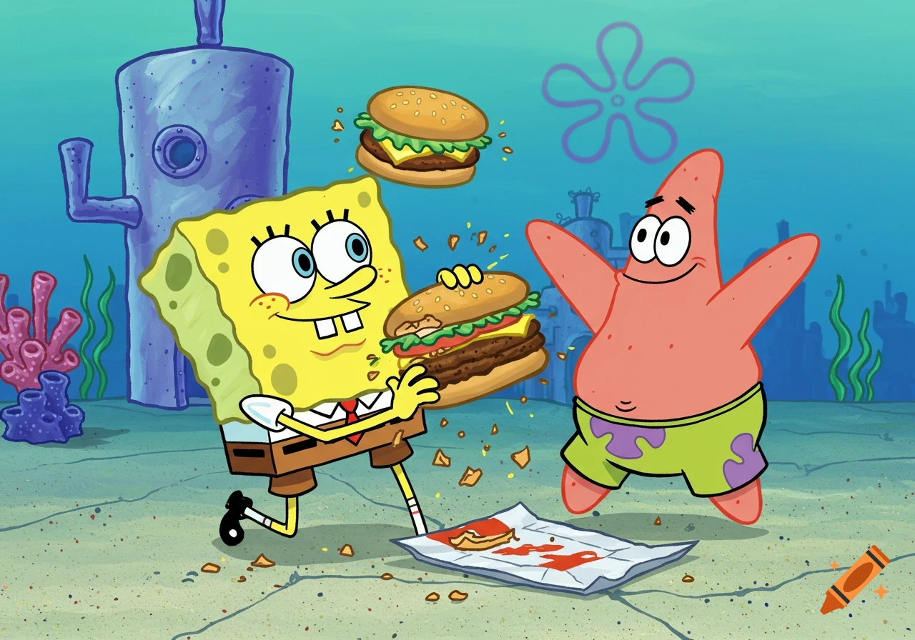 Spongebob and Patrick with hamburgers in a cartoon underwater scene.
