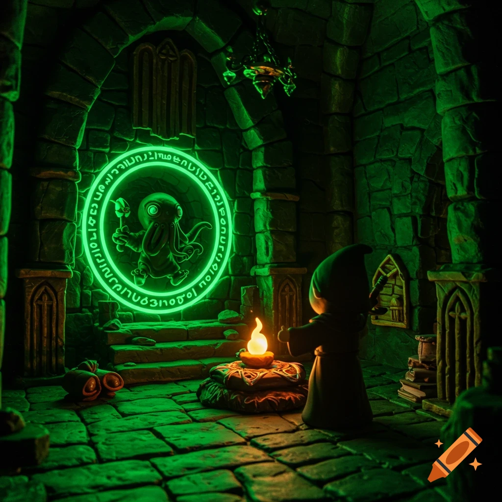 Chibi cultist performs ritual in green lit catacombs to summon a Lovecraftian monster from a glowing portal, clay style.