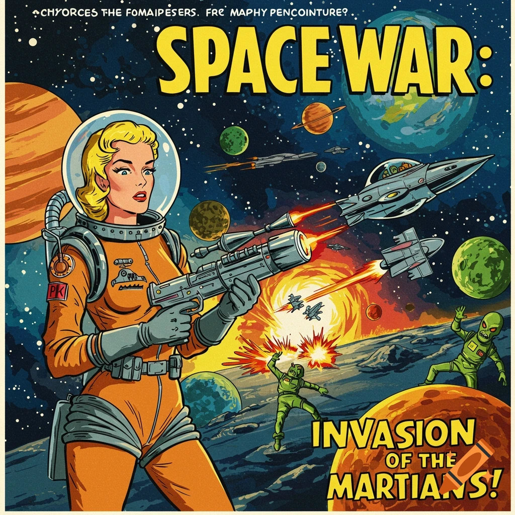 Retro space battle poster with a woman astronaut fighting martians among planets.