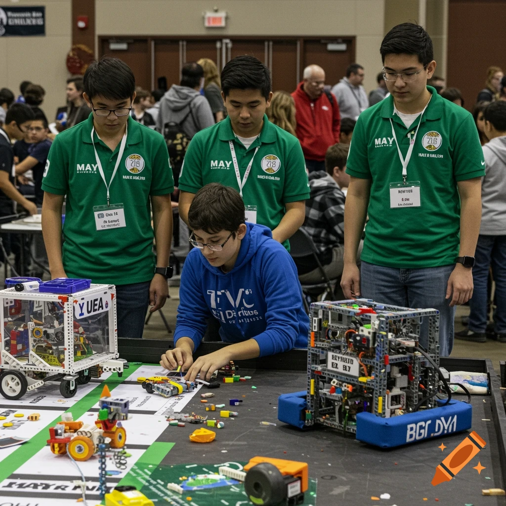 Students work on robots at a robotics competition.