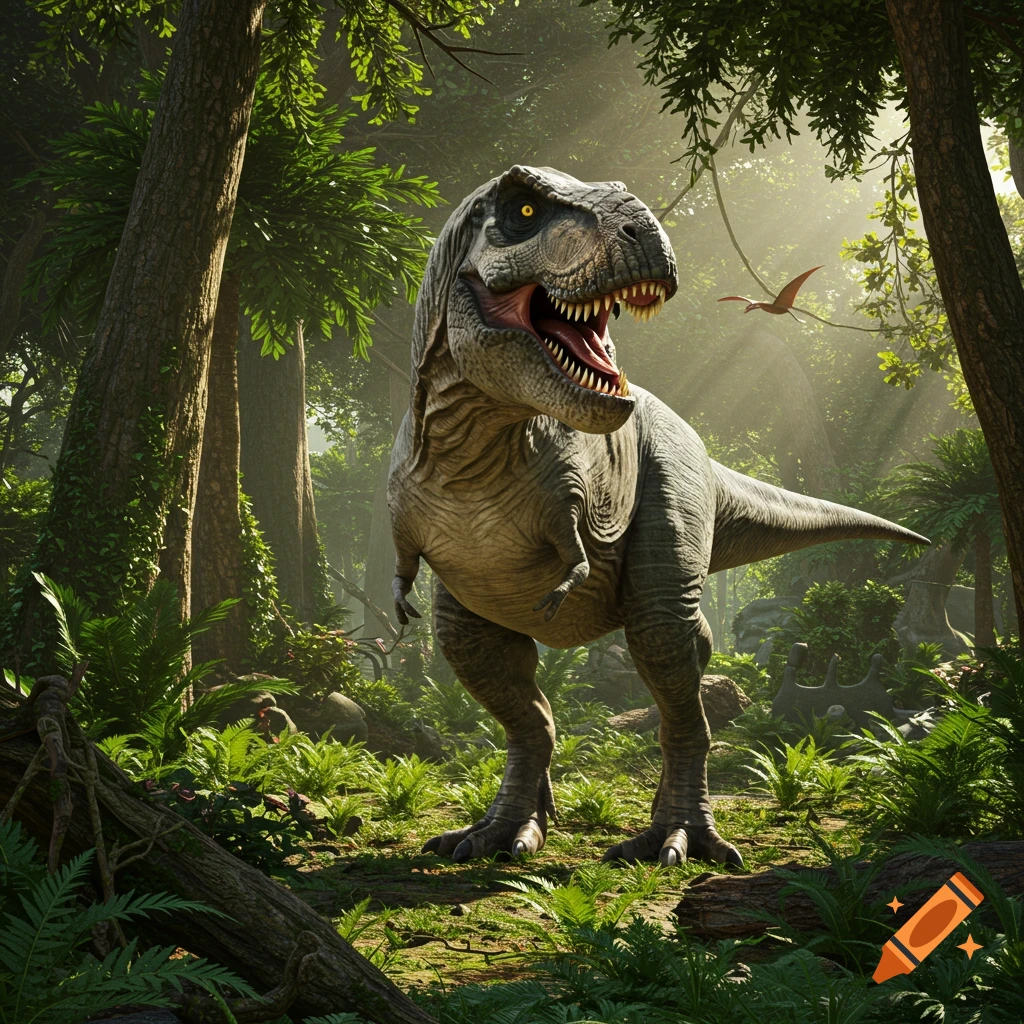 A large T-Rex stands in a lush prehistoric jungle with sunbeams.