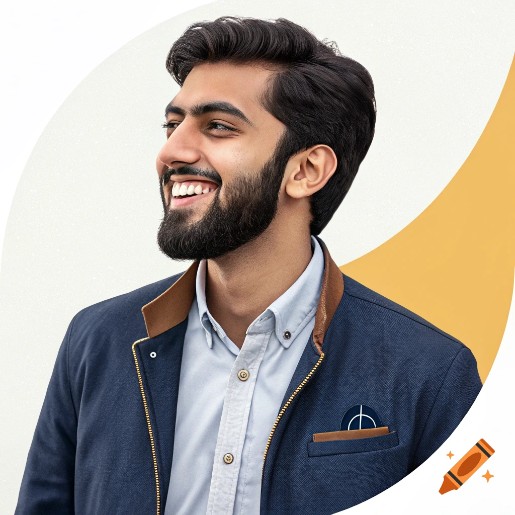 Photorealistic portrait of a smiling man with a beard wearing a jacket.
