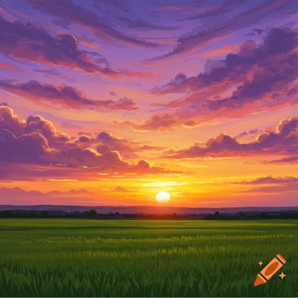 A vibrant painted sunset over a green field with colorful clouds.