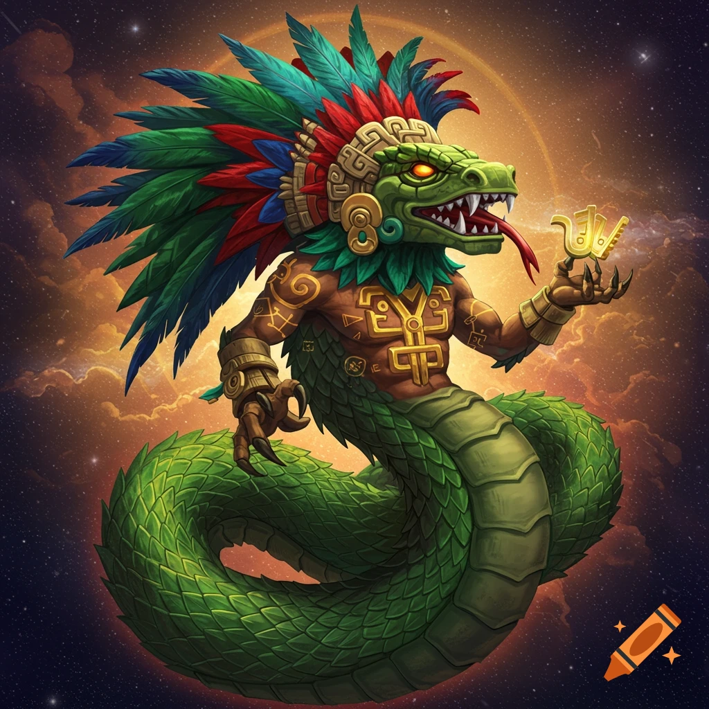 Stylized illustration of Quetzalcoatl, a feathered serpent deity with human arms, holding a golden symbol in a cosmic sky.