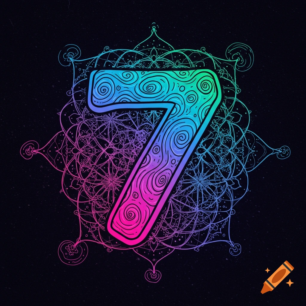 The number 7 with swirling pattern and colorful gradient over a geometric mandala background.