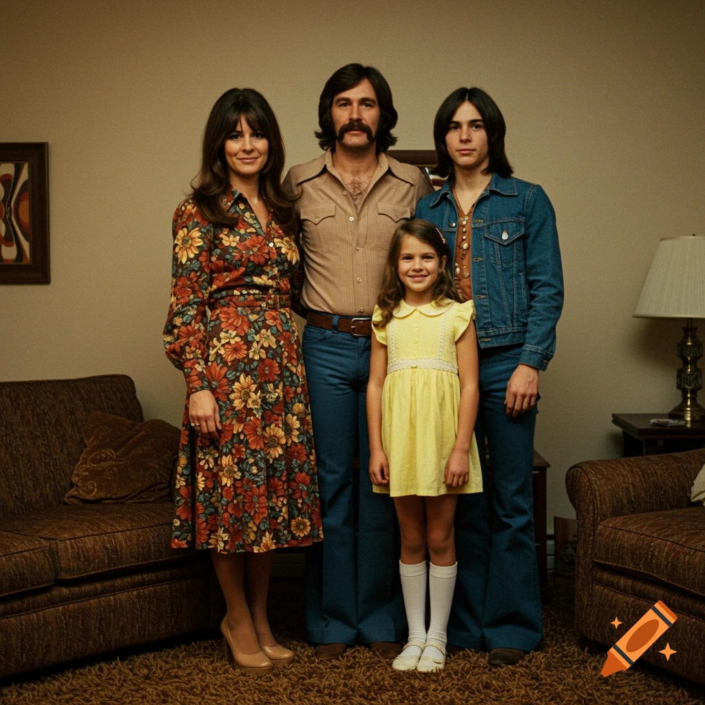 A family portrait from the 1970s, with a mother, father, son, and daughter.