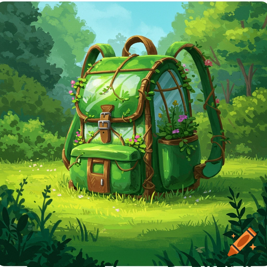 A green backpack designed like a greenhouse sits in a grassy field, surrounded by trees. Illustration style.