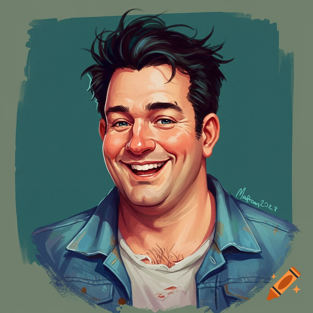 Stylized illustration of a man with dark messy hair smiling broadly, wearing a denim jacket and white shirt.