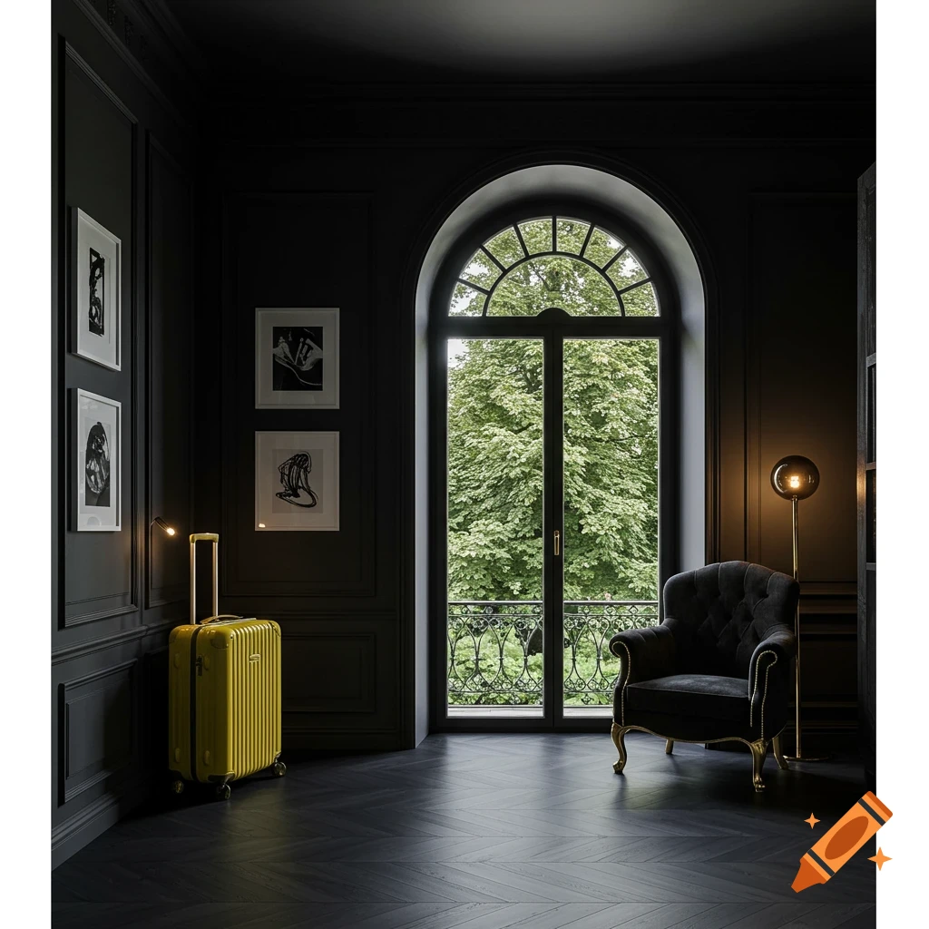 A dark, luxurious room interior with a black armchair, yellow suitcase, and large arched window looking out at trees.