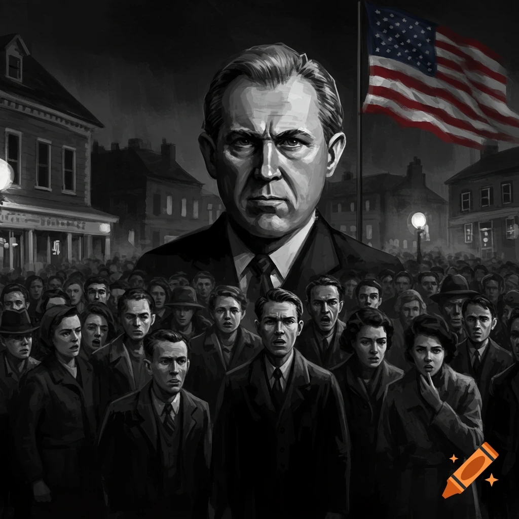 Black and white illustration of a stern man looming over a fearful crowd, with an American flag.